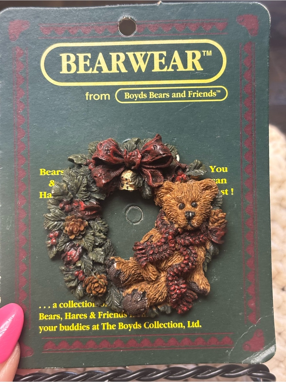 Boyds Bears Brown Teddy Wreath Ornament with Red Bow